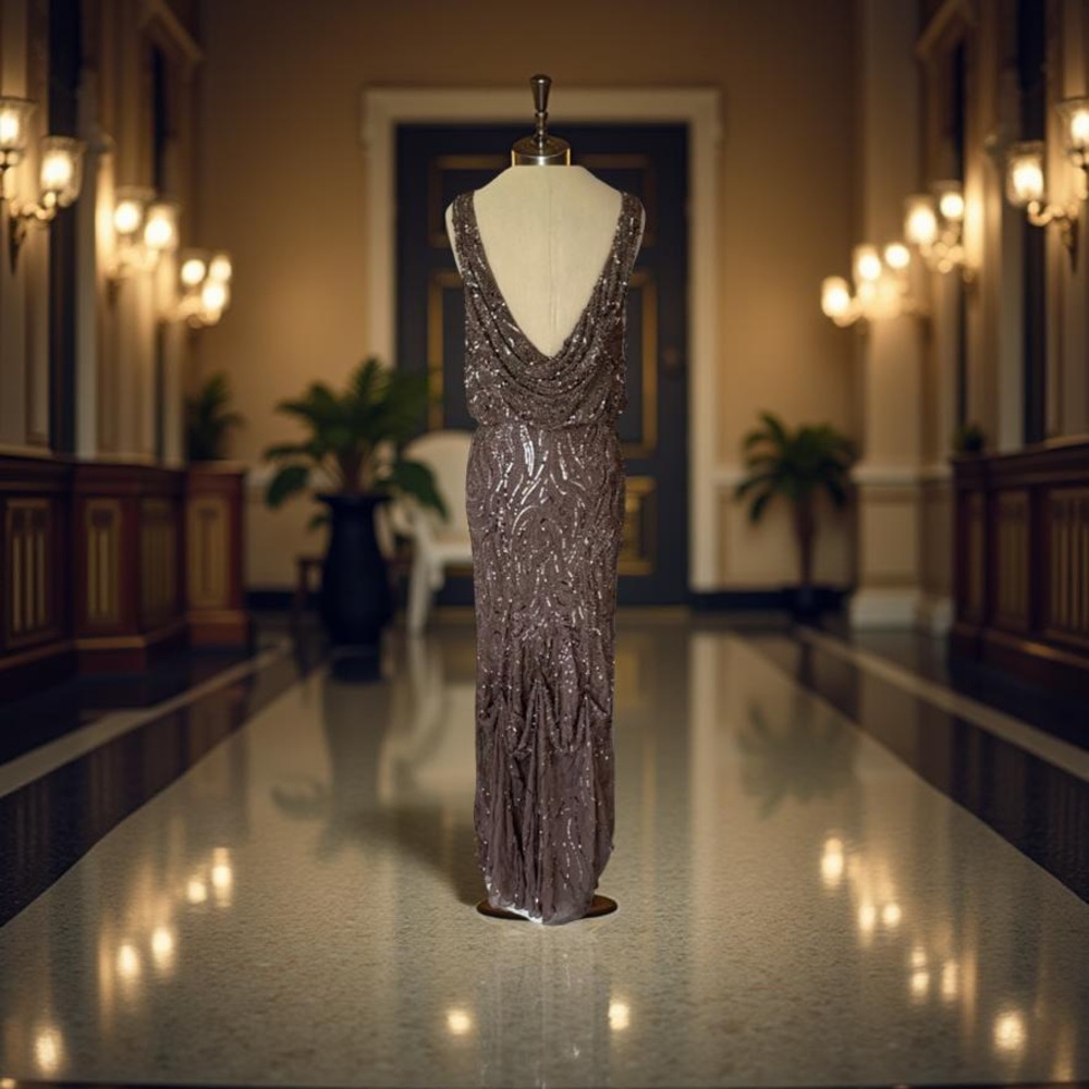 Alberto Makali Beaded Sequin Cowl Blouson Gown with train. Color is brown.